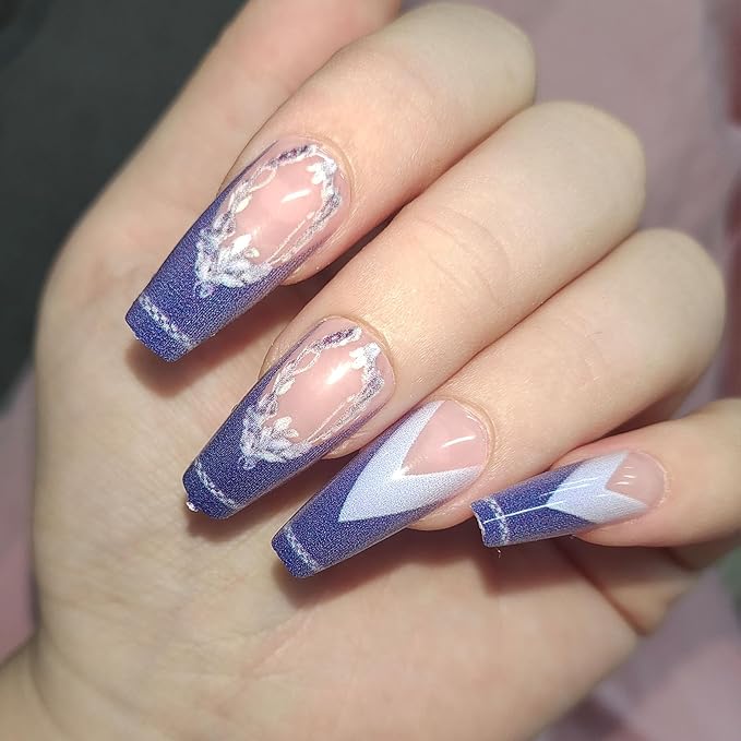 Dark Purple French Tip Press on Nails Medium Coffin Glue on Nails Glossy Acrylic Fake Nails with Floral Designs Matte Nails Press ons Artificial Nails for Women 24Pcs Manicure Art