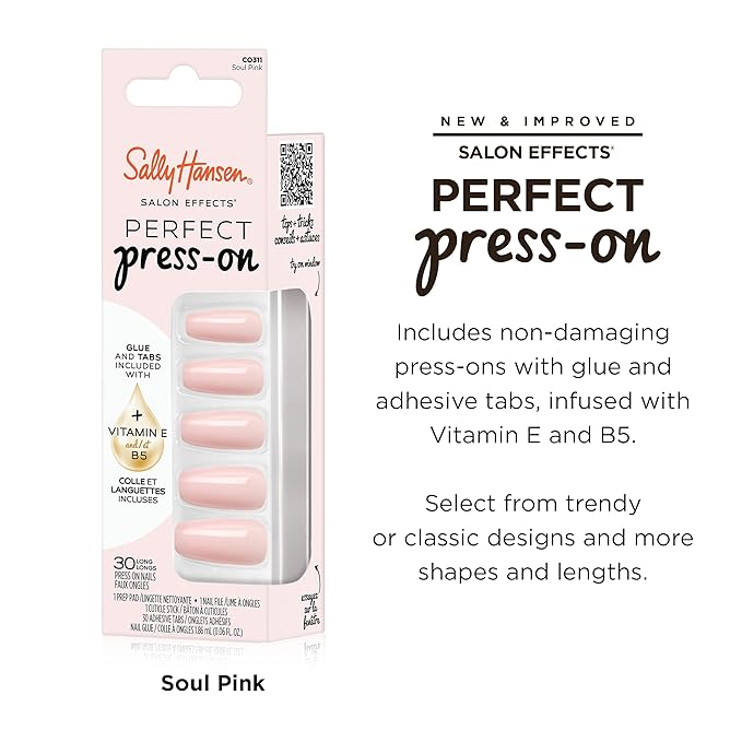 Sally Hansen Salon Effects Perfect Press-On Nails | Coffin Shape | Easy to Apply, Non-Damaging | 30 Nails, Nail Glue, Adhesive Tabs, File | Soul Pink