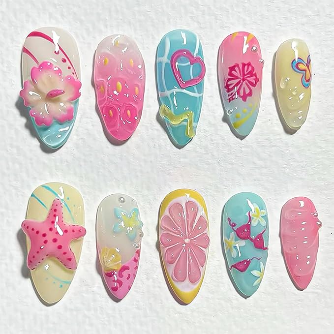 24Pcs Summer Beach Press on Nails Medium Almond Fake Nails Colorful 3D Hibiscus Flowers Heart Starfish Design Glossy Full Cover Stick on Nail French Tip False Nails for Women Girls Acrylic Cute Nails