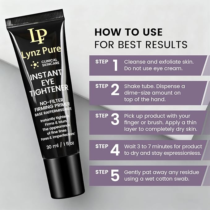 Lynz Pure Instant Eye Tightener, Temporary Firming Eye Cream & Makeup Primer, Smoothes Fine Lines & Minimizes Pores, No Filter Eye Primer 1 Fl Oz