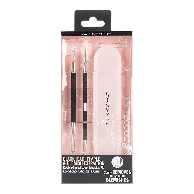 JAPONESQUE Blackhead, Pimple and Blemish Extractor with Dual-Ended Loop Extractor and Lancer, Made with Stainless Steel, Includes Protective Storage Case