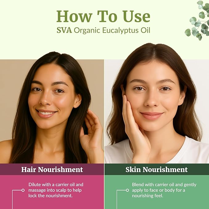 SVA Eucalyptus Essential Oil Organic – 4 Fl Oz – 100% Natural Organic Eucalyptus Oil - for Diffuser, Hair, Face, Skin Care, Aromatherapy, Scalp and Body Massage, Soap and Candle Making - with Dropper