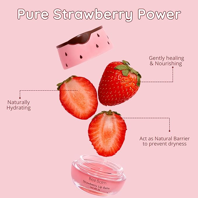 Original My Bee Balm Lip Balm - Strawberry Hydrating Balm Honey Pot for Dry, Chapped & Cracked Lips with Propolis, Honey & Vitamin E - Soften, Smooth & Reduce Lip Lines (Pack of 2)