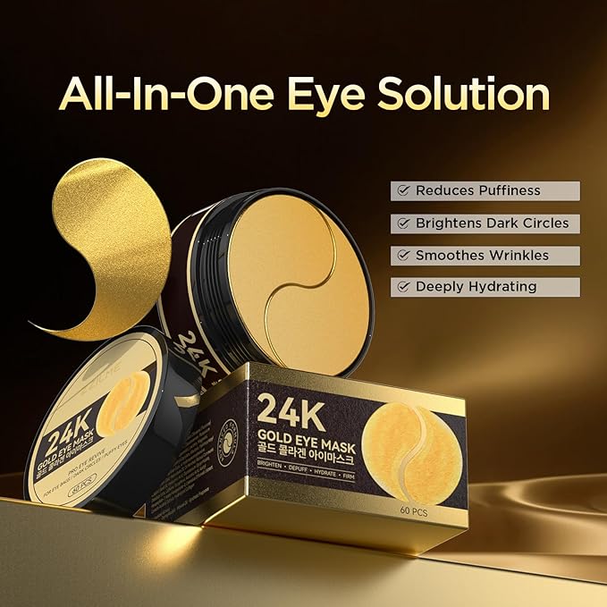 24k Gold Under Eye Patches - Firming, Glowing & Hydrating Hydrogel Mask for Puffy Eyes, Dark Circles, Wrinkles, Eye Bags Treatment, Gifts for Women and Men, 60Pcs Black