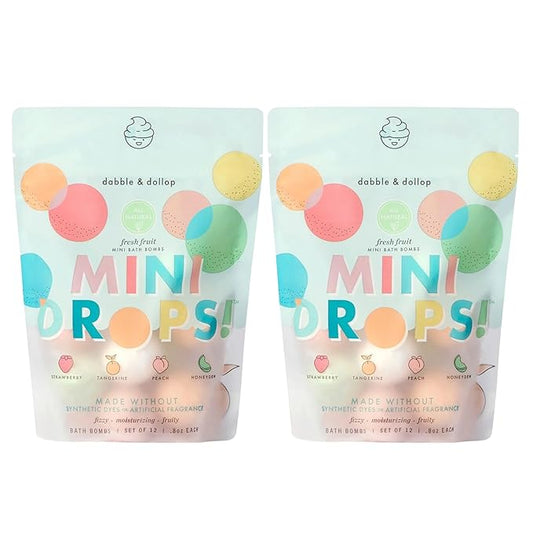 Dabble & Dollop Mini Bath Bombs, 100% Natural Droplets for Kids, Fresh Fruit Scents - Resealable Pouches, Fizzy, Moisturizing & Fun, Vegan, Gluten-Free, Cruelty-Free (Set of 24)