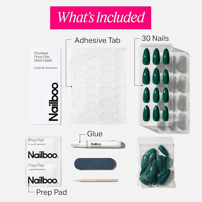 Nailboo Press On Nails, Salon-Quality Reusable Fake Nails for Fast DIY Manicure with Strong Hold Nail Glue for Press Ons, Nail File, & Alcohol Prep Pads, Fir Real