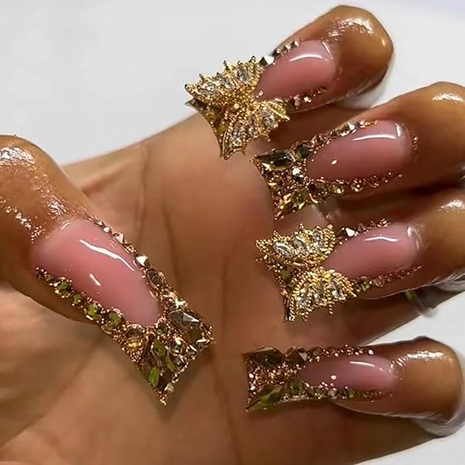BABALAL Duck Nails Press on Gold Fake Bling French Tip Glue on Luxury Butterfly Rhinestone Acrylic 24Pcs Manicure Stick on False