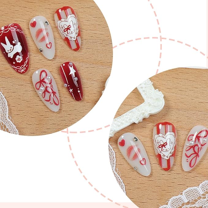 IMRAIN Red Press on Nails Medium Almond Fake Nails Cute Rabbit Acrylic False Nails Full Cover Glossy Glue on Nails Artificial White Stick on Nails for Women Girls 24Pcs