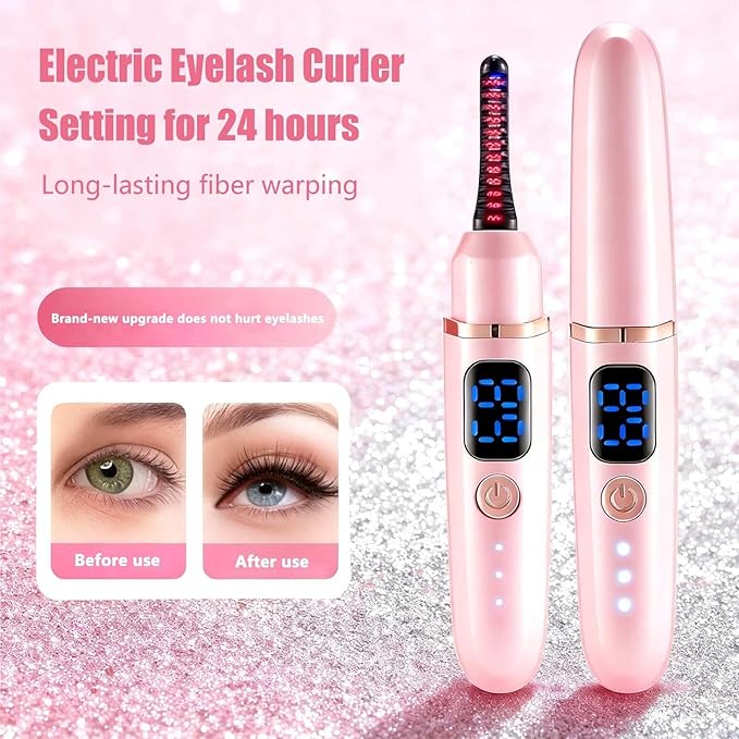Women's Electric Heated Eyelash Curler Three Temperature Settings 24-Hour Long-Lasting Curl Rechargeable Eyelash Curler Compact Design Makeup Tool (Rose Red)