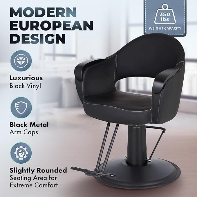 Buy-Rite Luna Noir Styling Chair for Professional Salons & Barbers, Durable Black Metal Armrests, Intricate Stitch Pattern, YLG-356-BLK (Black Standard Base)