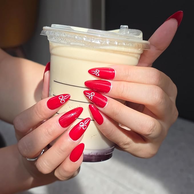 Red Press On Nails Bow Design - Medium Almond Handmade Reusable Gel Acrylic 10pcs (Dark Rose Collection, Size S)