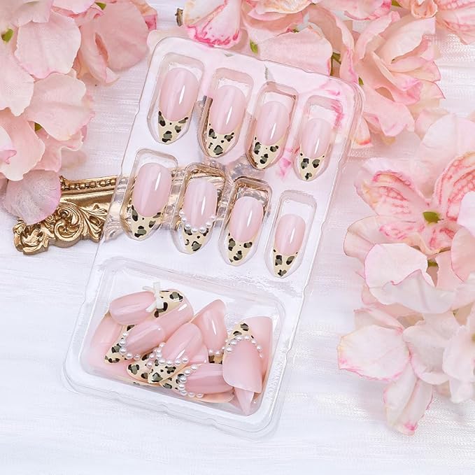 24Pcs Leopard Print French Tip Press on Nails Medium Almond Fake Nails Bow Glue on Nail 3D Pearl Gems Cute False Nails French Stick on Nail Bow Artificial Acrylic Nails for Women Daily Manicure Decor