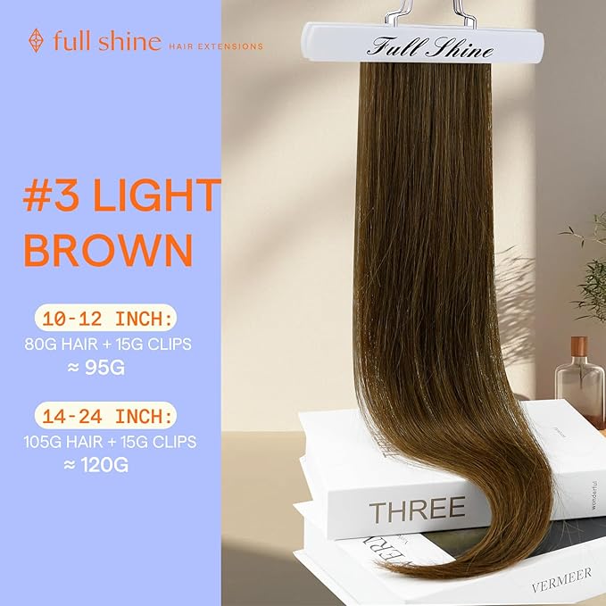 Full Shine Real Human Hair Extensions Clip ins Light Brown Short Hair Extensions 12 Inch Hair Clip Extensions for Women Light Brown 7 Pcs 95 G