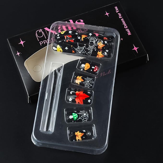 Fall Press on Nails Thanksgiving Maple Leaf Fake Nails Black Glossy False Nail with Cute Colorful Mushroom Designs Medium Square Acrylic Nails Halloween Spider Web Glue on Nail for Women