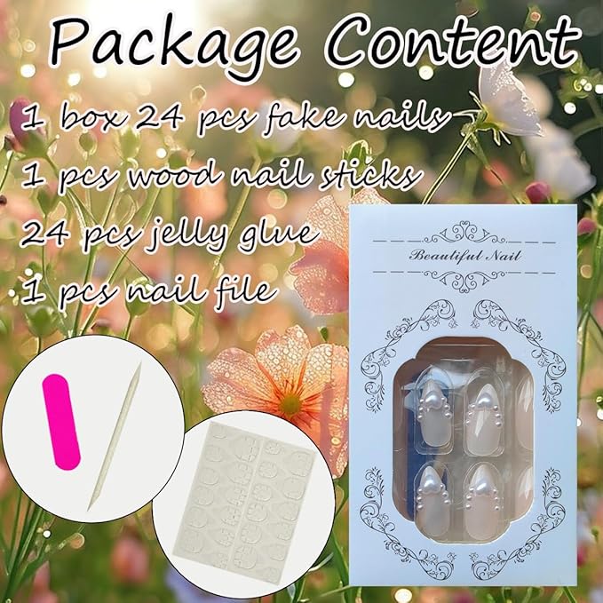 24Pcs White French Tip Press on Nails Medium Almond Fake Nails with Glitter Heart Nail Charms Acrylic Nails Cute Pearls Bow Full Cover False Nails Nude Pink Glue on Nails for Women DIY Stick on Nails