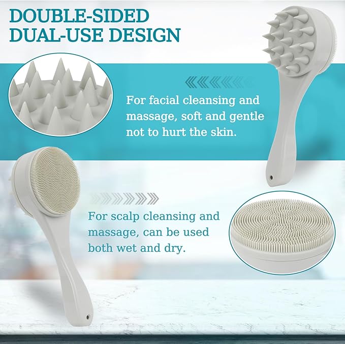 2 Pack Silicone Facial Cleasing Brush and Hair Scalp Massager Shampoo Brush 2 in 1 Double Sided Face Scrubber Scalp Scrubber Manual Exfoliating Light Gray