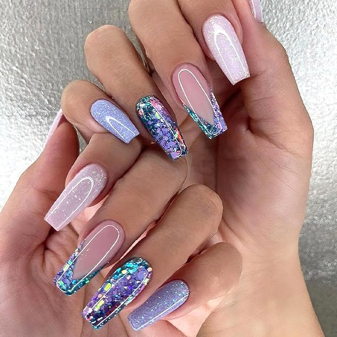 Coffin Press on Nails Long Fake Nails with Glitter Sequins Designs French Tip Glue on Nails White Dark Green Acrylic Nails Press ons Glossy False Nails Extre Long Coffin Nails for Girls Women 24Pcs