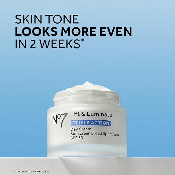 No7 Lift & Luminate Triple Action Fragrance Free Day Cream SPF 30 - Broad Spectrum Anti-Aging Face Cream - Hydrating Hibiscus Peptides & Hyaluronic Acid + Emblica & Vitamin C (2 pack, 1.69 Fl Oz each)