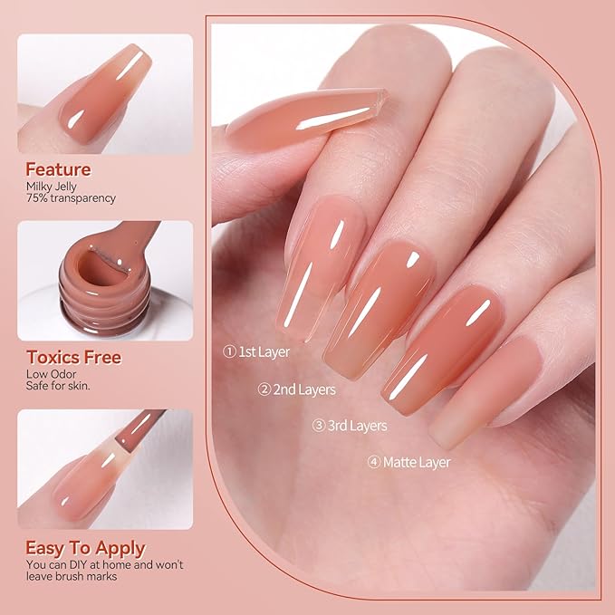 Born Pretty Jelly Red Burgundy Gel Nail Polish Christmas Fall Winter Jelly Blood Wine Red Brown Nude Purple Translucent Sheer Gel Polish Set Nail Art Varnish Manicure 6PCS