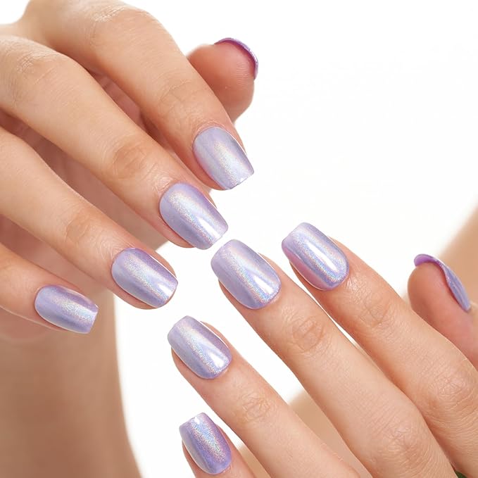 GLAMERMAID Laser Purple Press on Nails Extra Short Square, Fake Nails Glossy Full Cover Glue on Nails with Design Glue on Nail Reusable Acrylic False Nails Manicure Kits for Women