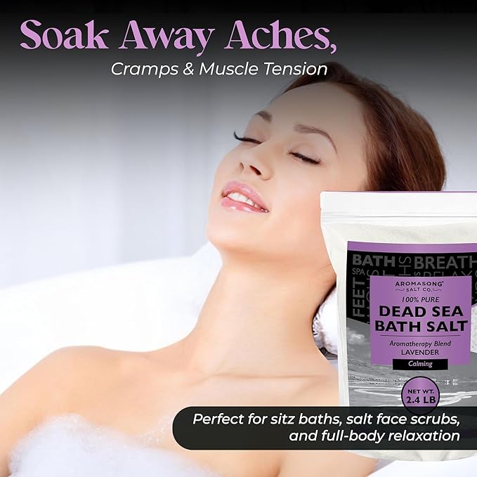 Aromasong Pure Dead Sea Salt for Soaking with 100% Natural Lavender, 2.43 LB - Spa Bath Salt Fine Grain - Body Wash Scrub - Soak for Women & Men- Bulk Resealable Pack