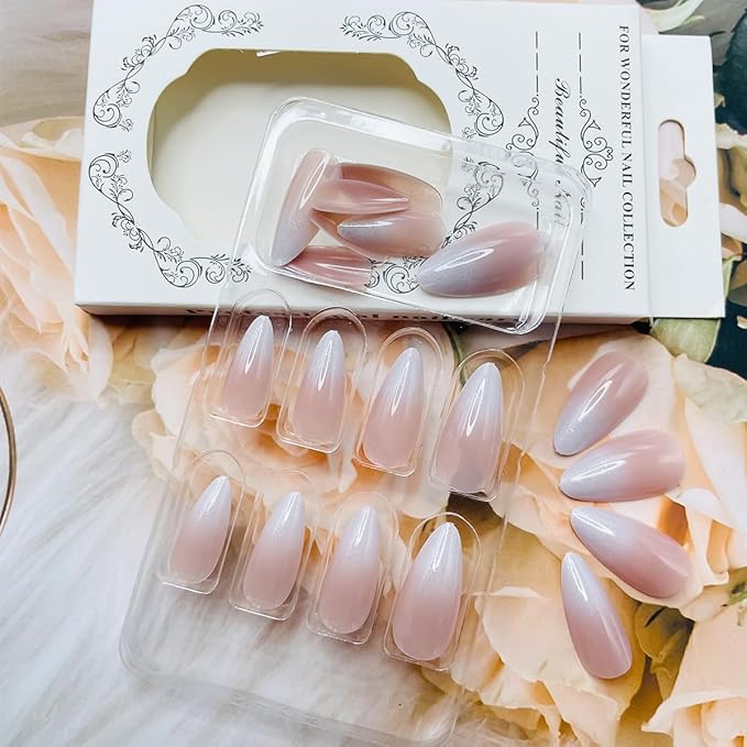 Glitter Nude White Press on Nails Medium Almond Fake Nails Glossy Gradient Acrylic Nails French Press on Nails with Designs Artificial False Nails Full Cover Stick on Nails for Women 24 Pcs