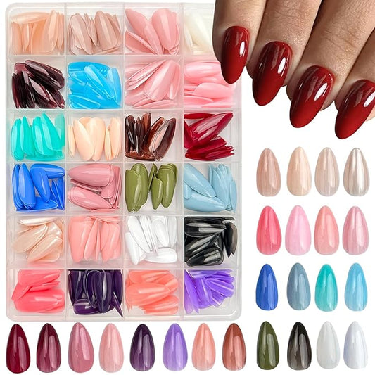 576 Pcs Press on Nails Medium Almond Fake Nails Solid Color False Nails 24 Color Glossy Acrylic Glue on Nails Reusable Artificial Nail Stick on Nail for Women Manicure