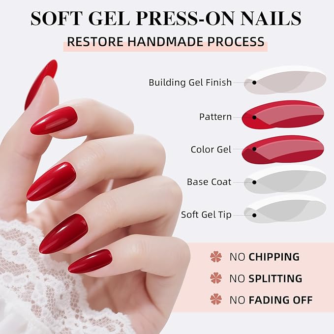 Press on Nails, Short Red Press on Nails Almond Reusable Glossy Red Nails Soft Gel False Nails Press ons for Women, 16 Sizes 32 Count Nails Kit with Glue (SV-03)