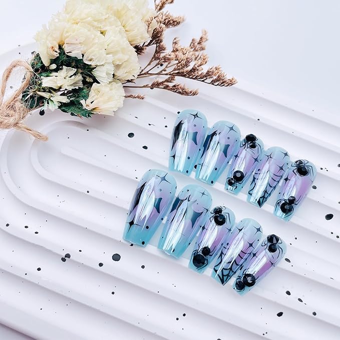 30Pcs Halloween Press on Nails Medium Coffin Chrome White Pink Blue Halloween Fake Nails with 3D Rhinestone Designs Spider Web Bat False Nails Reusable Full Cover Acrylic Glue on Nails for Women
