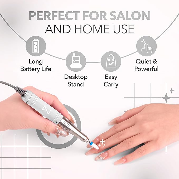 M Mase- Professional Nail Drill Machine - Coreless 2-in-1 Nail File - Electric, Cordless, 35000 RPM, HD Display - Electric Nail Drill for Professional & Home Use (White)
