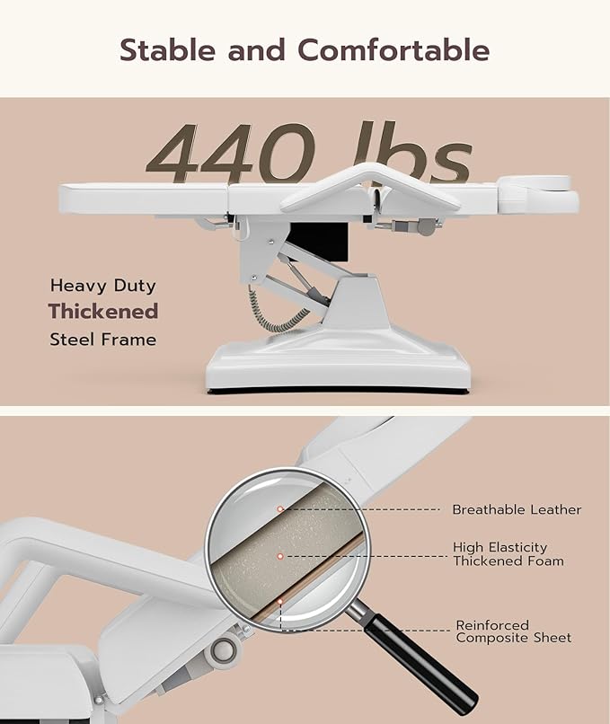 Icoget Fully Electric Tattoo Chair Esthetician Bed for Clients, 3-Motor Adjustable Spa Table Facial Bed for Lashing, Waxing, Professional Aesthetics Chair for Salon, White, Stool Included