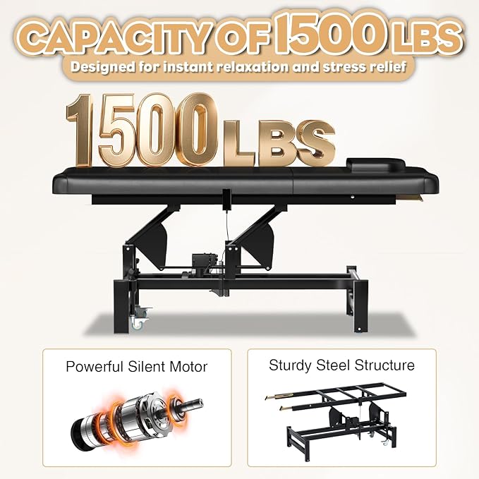 Electric Lift Massage Physical Therapy Table with Adjustable Backrest, Lockable Wheels, 4'' Think Premium Foam, 1500Lbs Capacity Professional Electric Massage Bed Commercial Home Use, Black
