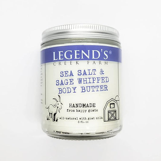 Legend's Creek Farm, Goat Milk Body Butter - Hydrating Natural Body Moisturizer with Organic Shea Butter & Grape Seed Oil - 8 Oz Purifying & Toning Whipped Body Butter (Sea Salt & Sage)