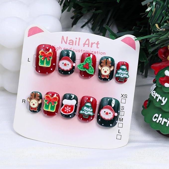 24Pcs Christmas Press on Nails Petite Short Square Fake Nails 3D Santa Claus Reindeer Design Winter Glue on Nails Xmas Tree Rhinestones Full Cover False Nail Cute Artificial Acrylic Nail Supplies Kit