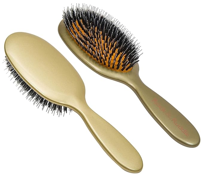 Rock & Ruddle Natural Mixed Boar Bristle Hair Brush for Women and Kids (Large, 21 cm) - Perfect for Wet or Dry Hair, Detangling Smoothing Blowdrying - Designed & Made in UK - Gold Design