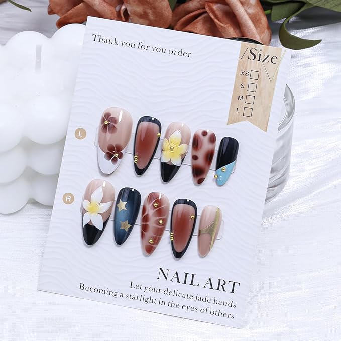 Black French Tip Press on Nails Medium Almond Fake Nails 3D Glitter Gold Beads Design Fall Flower False Nails French Tip Star Acrylic Nails Brown Glossy Glue on Nail for Women Manicure 24Pcs