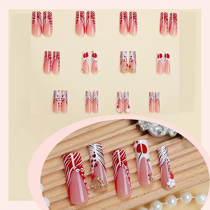 BABALAL Acrylic Press on Nails - Long Square Fake Nails, Red White French Tip Glue on, Cheetah Print with Gold Heart Charm Y2k False Nails Art 24Pcs DIY Squoval Manicure Stick on Nails Supplies