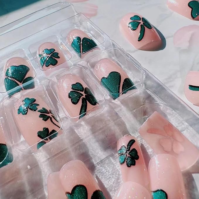 St. Patrick's Day four-leaf Press on Nails with French Clover Glitter Design,Glossy Sparkly Silver Green Four Leaf Clover Fake Nails Full Cover Glue on Nails Lucky Shamrock Stick on Nails for Women
