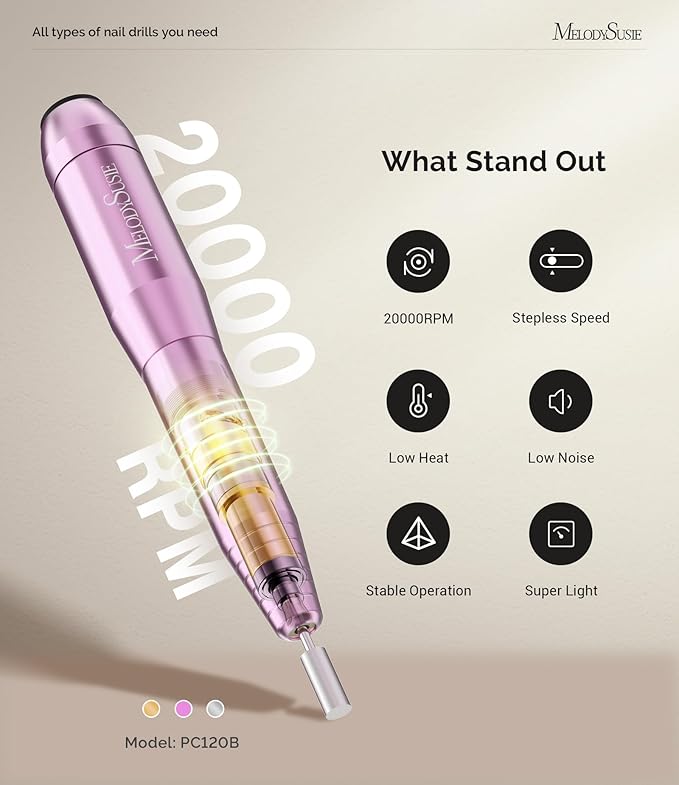 MelodySusie Portable Electric Nail Drill,PC120B Compact Efile Electrical Professional Nail File Kit for Acrylic, Gel Nails, Manicure Pedicure Polishing Shape Tools Design for Home Salon Use, Purple