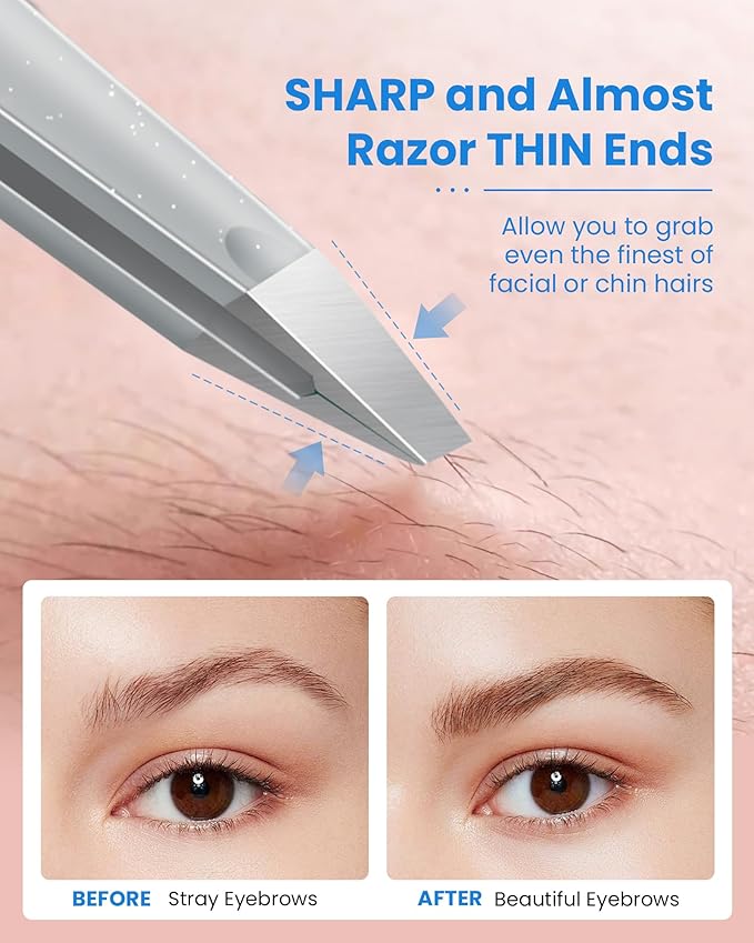 Expert Slant Tip Tweezers with Leather Case, GlamTweeler Sharp & Precision Stainless Steel Tweezer for Eyebrows, Facial Hair and Fine Hairs Removal (Sparkle Silver)