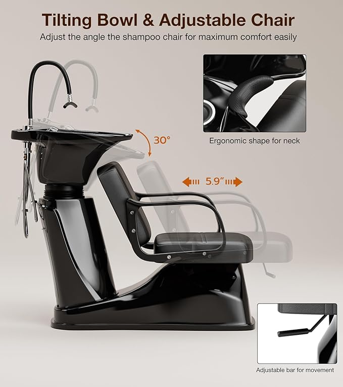SyyBhb Shampoo Chair and Bowl Set of 2 for Salon, Head Spa Waterfall and Sprayer, Tilting ABS Bowl, Distance Adjustable Seat, Barbershop Spa Equipment