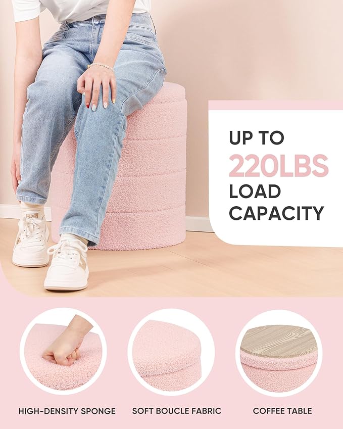 B FSOBEIIALEO Ottoman with Stroage, Round Sherpa Storage Ottoman Stool, Boucle Foot Rest 14.6"x14.6"x17.7"（Pink