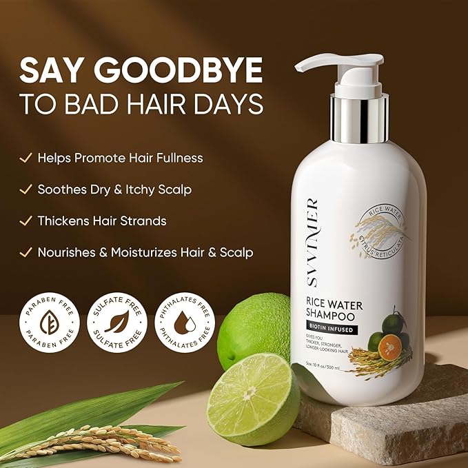 Svvimer Rice Water Hair Growth Shampoo - Biotin Thickening Shampoo for Hair Loss and Thinning - Sulfate Free for Women and Men 10 Fl Oz (Pack of 1)