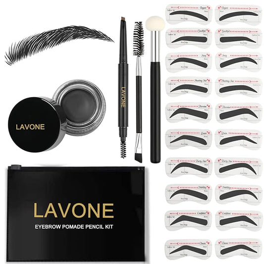 LAVONE Eyebrow Stamp Stencil Kit for Eyebrows, Brow Stamp Trio Kit with Waterproof Eyebrow Pencil, Eyebrow Pomade, 20 Eyebrow Stencils, Dual-ended Eyebrow Brush and Sponge Applicator - Black
