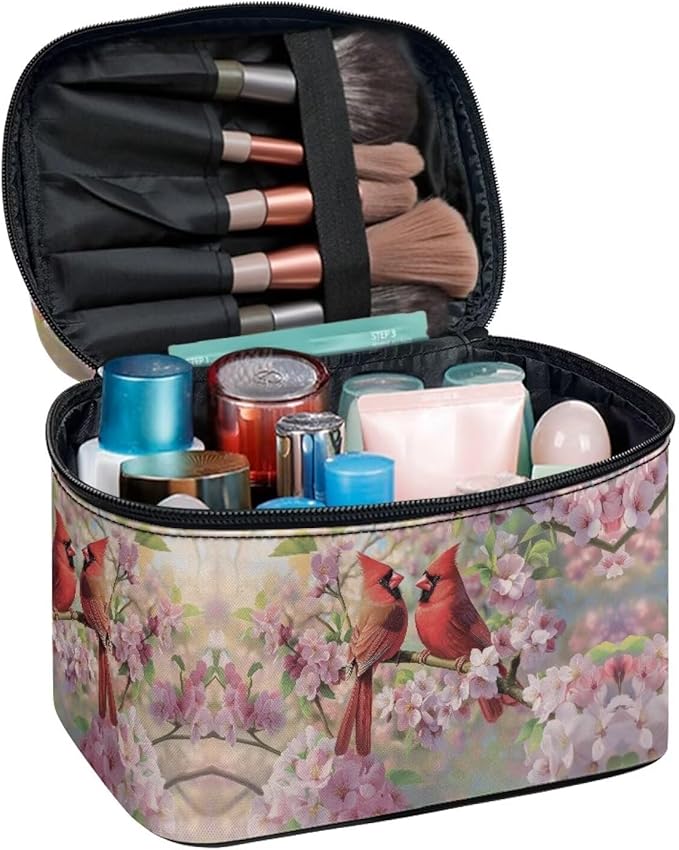 Cardinal Pink Cherry Blossom Print Travel Makeup Bags for Women Portable Tote Cosmetic Case with Carry Handle Toiletry Accessories Storage Organizer Bags