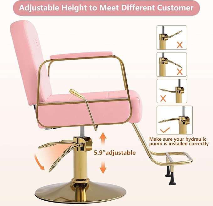Barber Salon Chair for Hair Sylist, Hydraulic Salon Chairs, Height Adjustable Barber Chairs, Reclining Barber Styling Chairs, 360 Degrees Rotation Shampoo Chair for Barbershop (Pink)