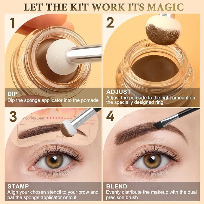 LAVONE Eyebrow Stamp Stencil Kit for Eyebrows, Brow Stamp Trio Kit with Waterproof Eyebrow Pencil, Eyebrow Pomade, 20 Eyebrow Stencils, Dual-ended Eyebrow Brush and Sponge Applicator - Ash Brown