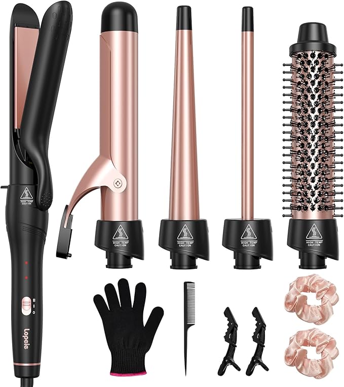 5 in 1 Curling Iron with Thermal Brush and 4 Interchangeable Ceramic Barrels(1/2 to 1 1/2 inch), Curling Wand Set with Flat Iron, Fast Heating, Dual Voltage Hair Curler, Gifts for Women