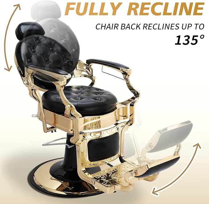 OmySalon Vintage Barber Chair All Purpose Heavy Duty, Hydraulic Recline Salon Beauty Styling Chair Retro, 360 Degree Swivel for Hair Stylist Tattoo, Round Base, Tufted Button