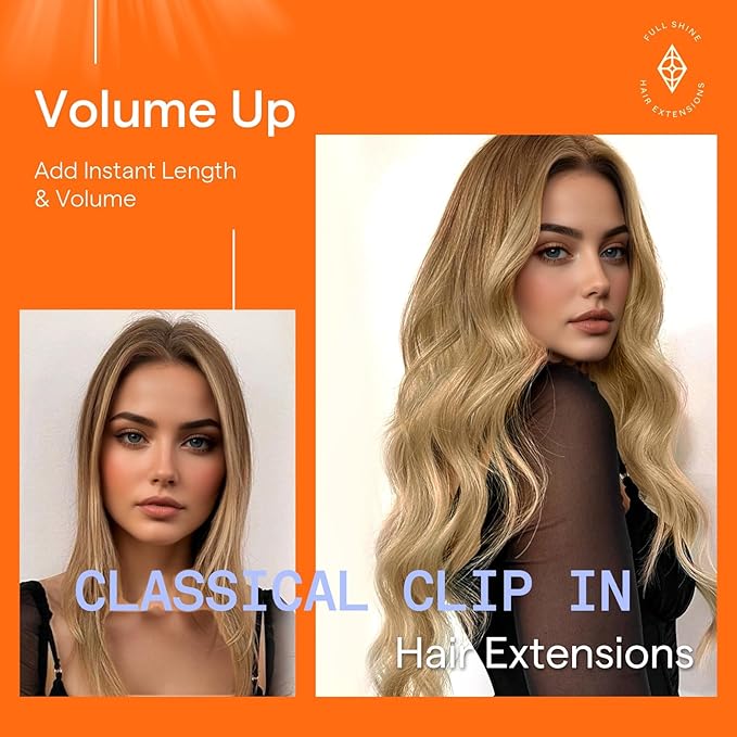 Full Shine Clip in Hair Extensions Golden Brown to Dirty Blonde Real Remy Hair Clip in Extensions Durable Human Hair Extensions 16 Inch Hairpiece for Women 7 Pcs